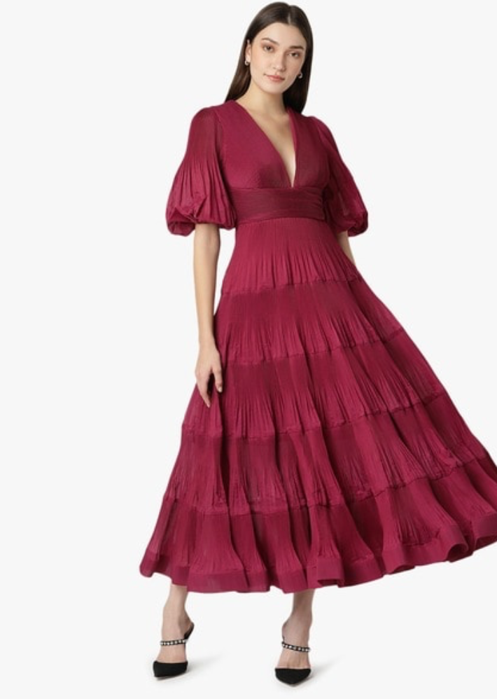 Pleated Midi Dress in Berry – BOOK YOUR LOOK