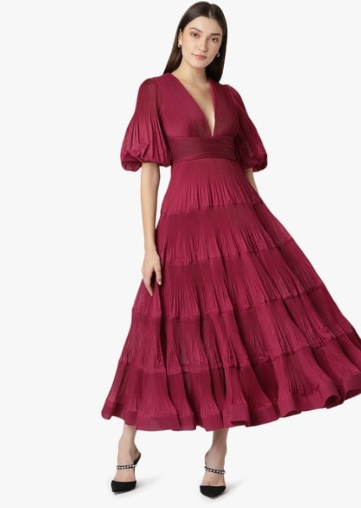 Pleated Midi Dress in Berry