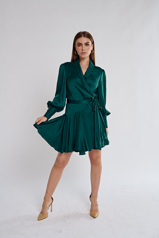 Silk Wrap Mini Dress (Emerald)