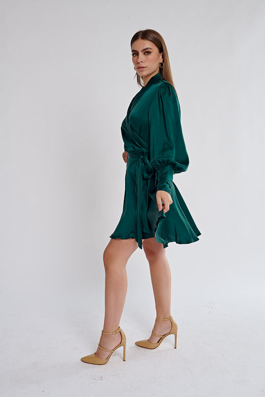 Silk Wrap Mini Dress (Emerald)