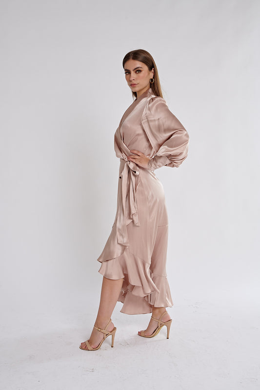 Silk Wrap Midi Dress (Lipstick)