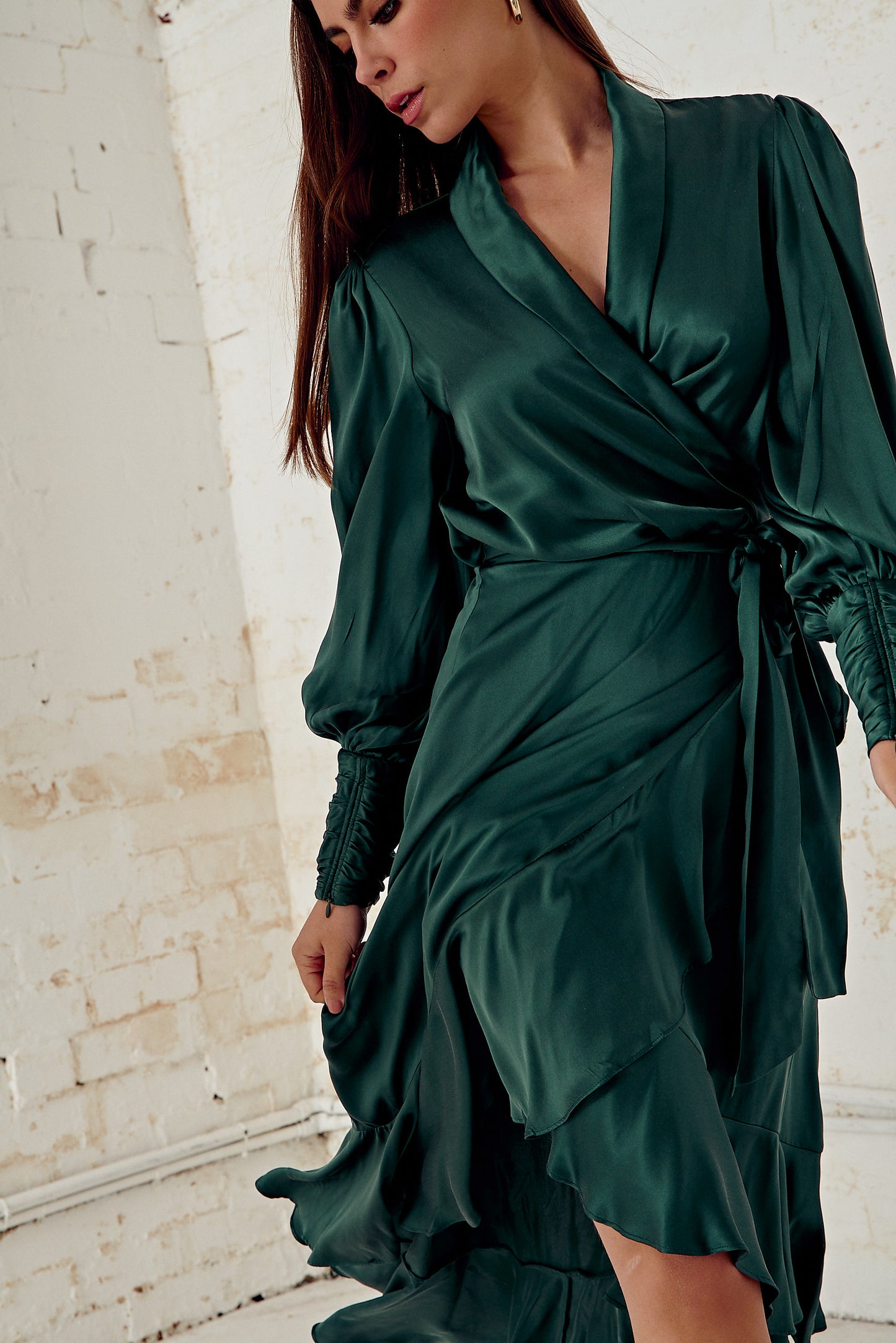 Silk Wrap Midi Dress (Jade)