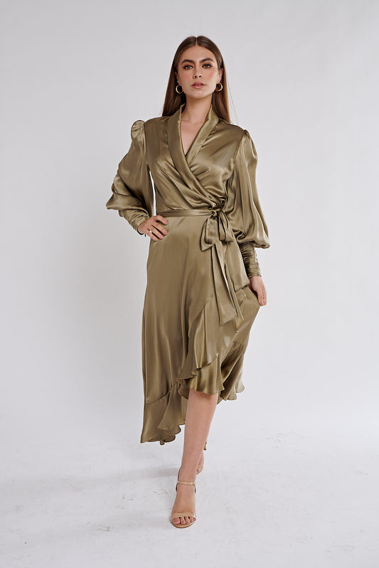 Silk Wrap Midi Dress (Sage)