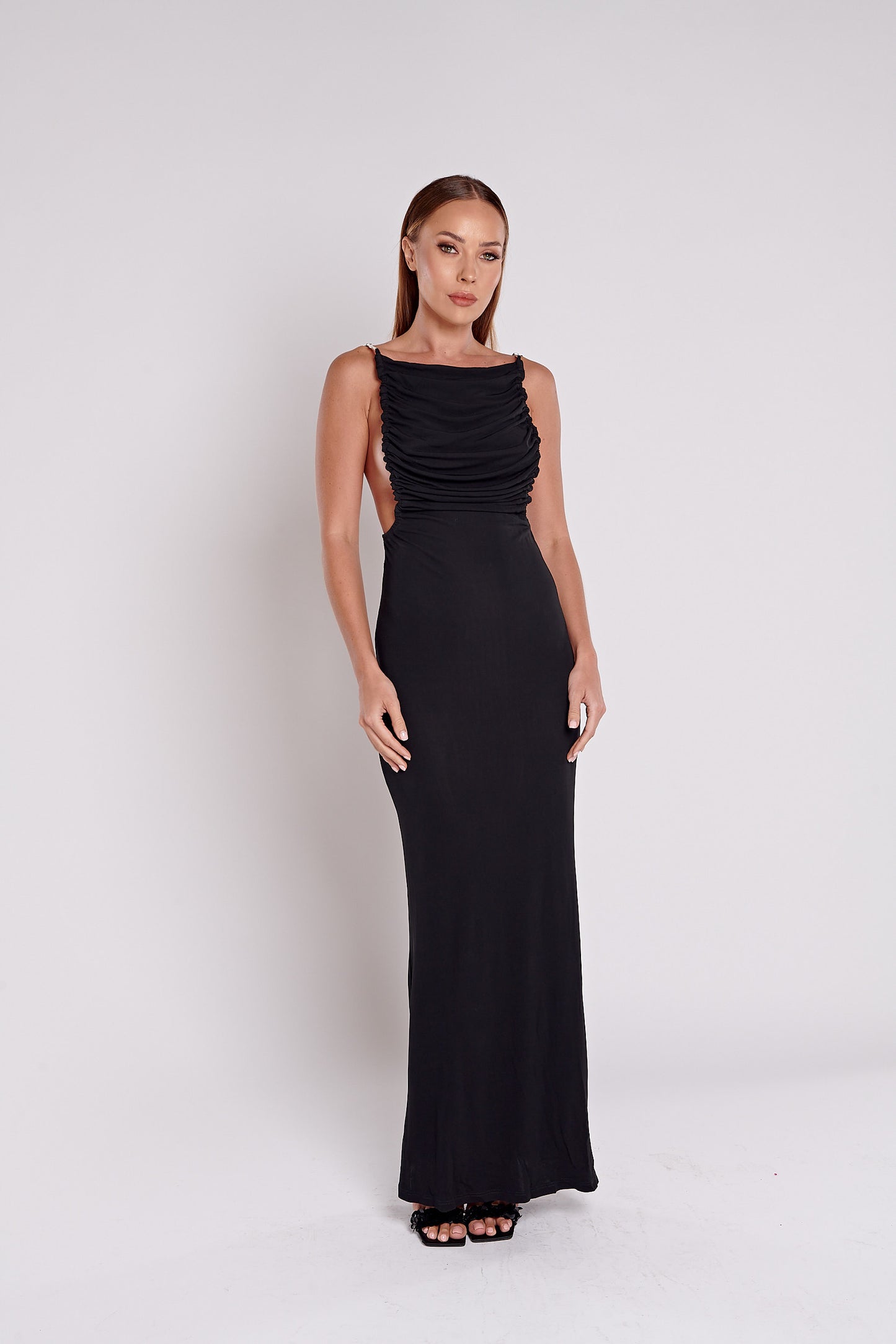 Open Back Embellished Ruched Crepe Gown