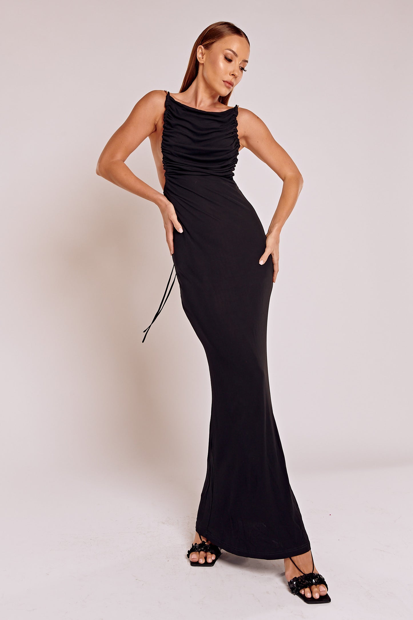 Open Back Embellished Ruched Crepe Gown